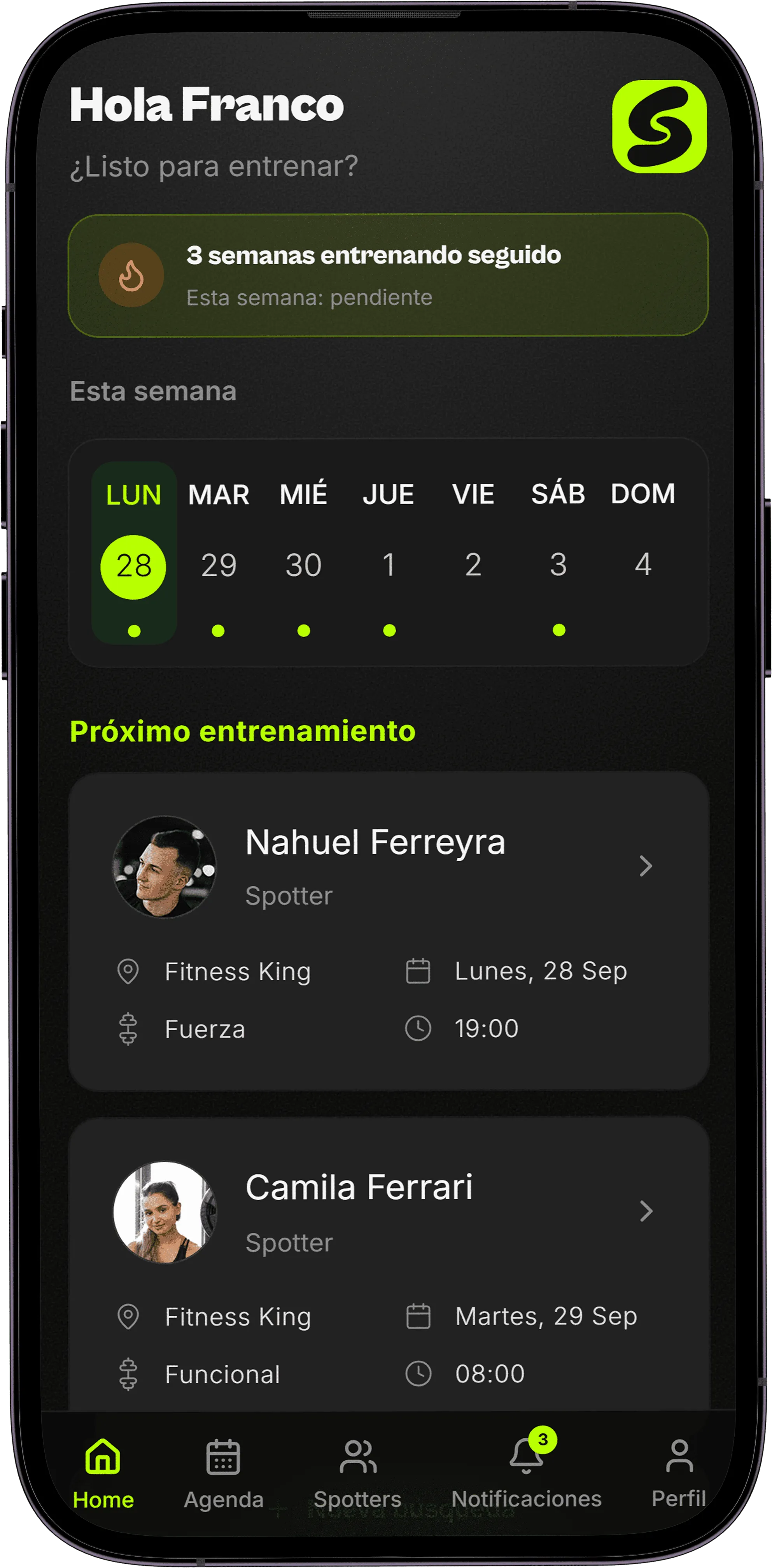 La pantalla de inicio de Spotter mostrando el próximo entrenamiento compartido